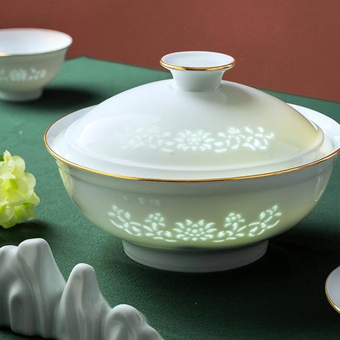 Classic Pottery Tableware,Ceramics Dinner Sets, 60 Pieces Hollow Out Phnom Penh Dinnerware Set | Plate/Bowl/Soup Pot - White Porcelain Combination Set