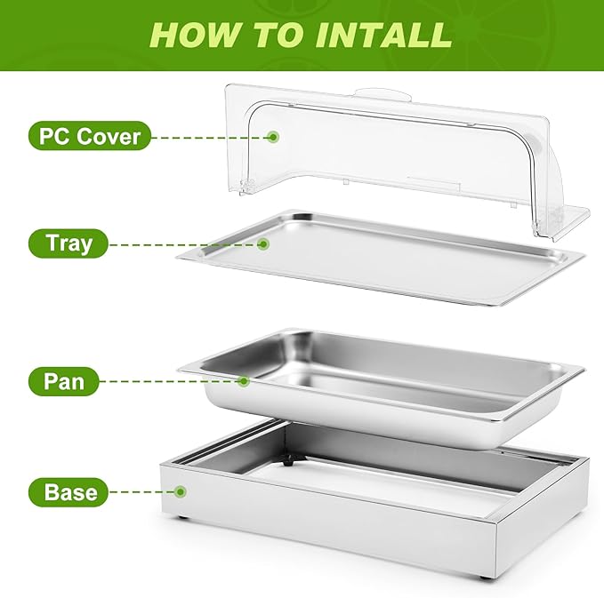 Uiifan Salad Bar Buffet Station for Home, Ice Food Serving Display Tray with Clear Roll Top Cover, Cold Food Buffet Server Trays with Clamps Spoons Ice Box for Restaurant Kitchen Party(Classic)