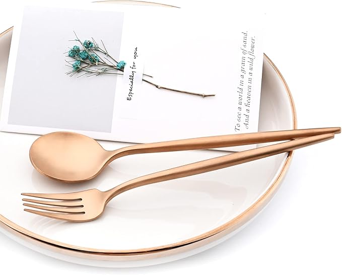24Pcs Luxury Matte Black Flatware Set, 18/10 Stainless Steel Simple & Heavy Tableware Cutlery Set For Home Kitchen Wedding Restaurant Dinner, Service For 4 (Copper)