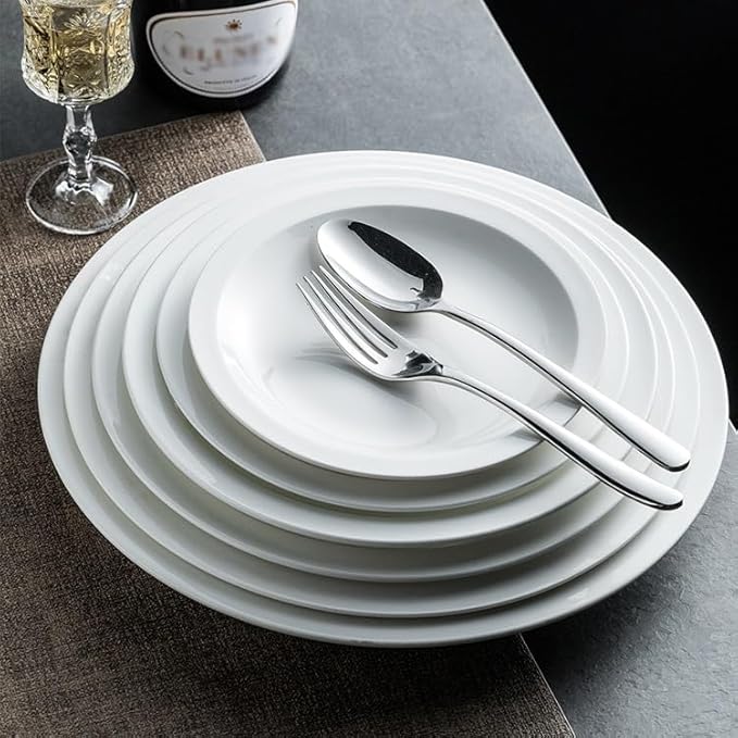 Modern Large Dinner Plates 7.5-inch Simple White Ceramic Round Commercial Western Steak Dinner Plate Home Wide-rim Appetizer Kitchen Tableware Stackable Dinner Plates