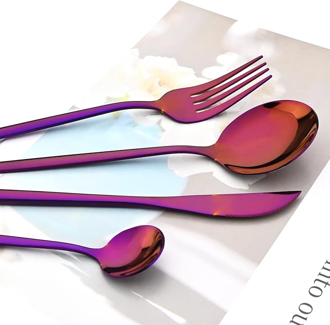 24Pcs Purple Mirror Silverware Flatware Set, 18/0 Stainless Steel Cutlery Set Utensils Kitchen Dinnerware Include Knife Fork Spoon and Teaspoon, Service for 4