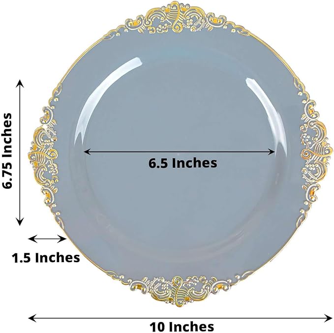 10" Dinner Plates -Set of 20 - Plastic Dusty Blue Round Baroque Disposable Chargers Leaf Embossed Rim, Ideal for Dinner Party Wedding Bulk Events