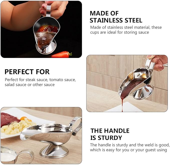 Zerodeko Stainless Steel Gravy Boat Set 4 Pcs with Lid Sauce Dispensers for Kitchen Dining Ideal for Gravy Steak Sauce Salad Dressing and Reusable Cups