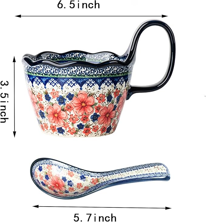 OZY Handpainted Soup Bowl with Handle,Ceramic Cereal Bowl Great for Soup, Ice cream, Fruits,Snack,Microwave &Dishwasher Safe (Snow Ink Plum Pink,Spoon)