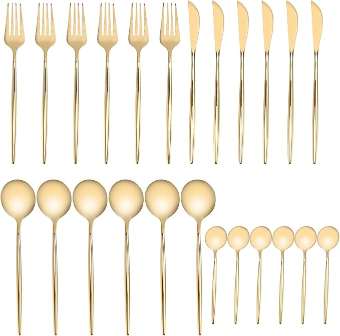 24Pcs Gold Silverware Set,Flatware Serving Sets Knife Fork Spoon Rustproof Stainless Steel Cutlery for Home Party Wedding Banquets