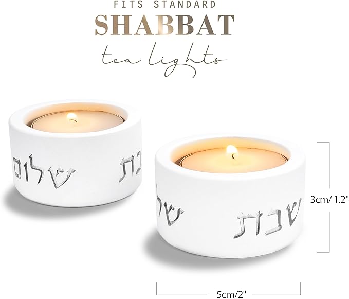SURI Shabbat Candle Holders Set – Modern Judaica Shabbat Candlesticks for Tea Lights – Concrete Shabbos Candles Holders, Dripless Design – Jewish Gift & Home Decor