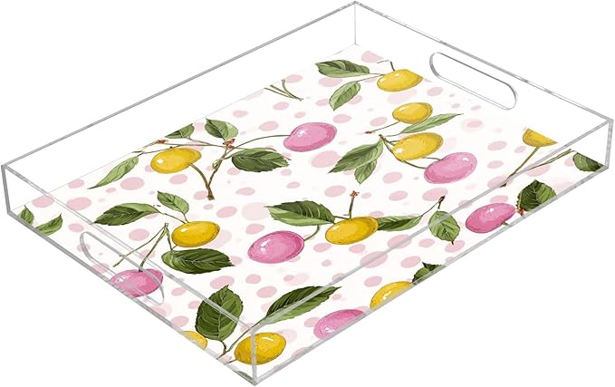 Serving Tray with Handles Clear Acrylic Tray 12x16 Inch Decorative Rectangular Tray Organizer for Ottoman Coffee Table Bathroom Cute Cherry Pink Dots