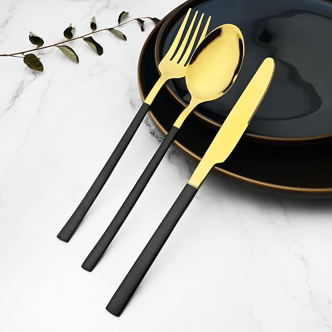 24 Piece Mirror Golden Plated 18/0 Stainless Steel Flatware Set, Black Handle With Golden Mouth Silverware Set With Teaspoon Cutlery Set Service for 6