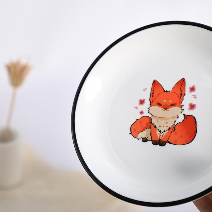 SOCOSY Super Cute Cartoon Animal Ceramic Sauce Dishes, Seasoning Dishes, Little Cat Dog Bird Feeding Bowls, Sushi Soy Dipping Bowls, Appetizer Plates, Dessert Plates, Set of 6-Fox-5 Inch