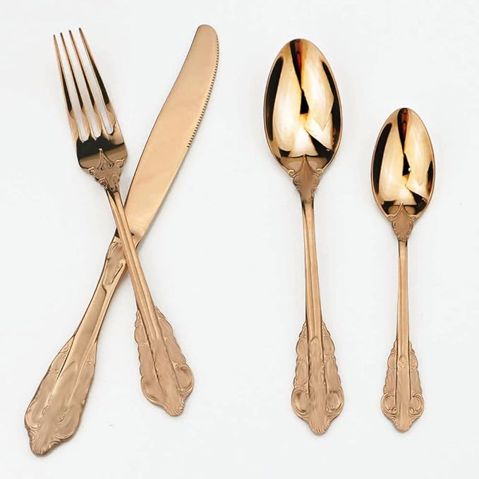 JASHII 4-Piece Silverware Set, Stainless Steel Flatware Cutlery Eating Utensils Service for 1, Unique Elegant Pattern, Mirror Polished, Dishwasher Safe (Rose gold)