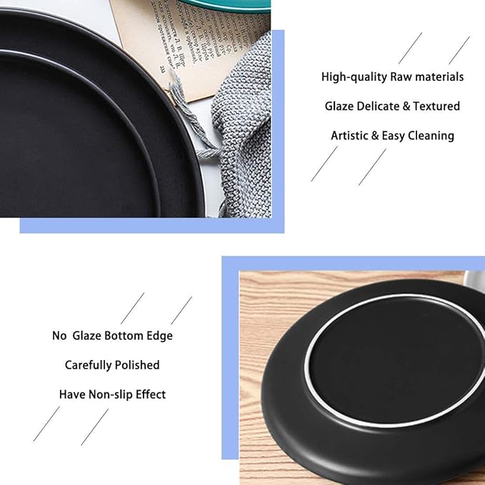 BonNoces Matte Black Porcelain Dinner Plate, 10-Inch Large Elegant Round Serving Plate Set Perfect for Steak, Pasta, Dessert and Salad, Set of 6