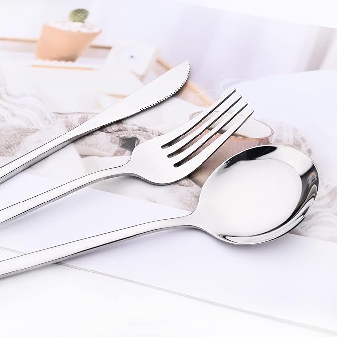30Pcs Silver Simplicity Mirror Finished Cutlery Set, 18/0 Stainless Steel Daily Use Silverware Kitchen Home Restaurant Party Dessert Flatware Set Include Knife/Fork/Spoon, Service For 6