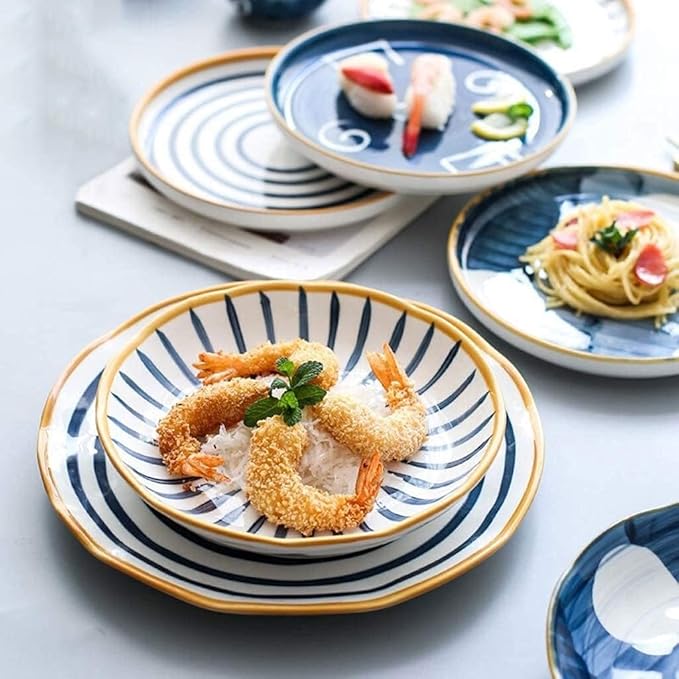 ☆Porcelain Dinnerware Set, 28 Pieces Japanese Style Ceramics Dinner Sets | Plate/Bowl - Tableware Combination Set for Restaurant,Blue,White(Blue)