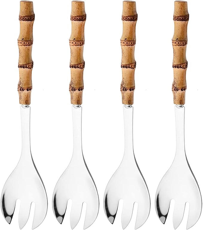 4 Piece Bamboo Handle Serving Set Utensils, 304 Stainless Steel Long Hanlde Serving Fork Spoon For Kitchen Buffet Banquet Wedding Party Cooking (4 Forks, Silver)
