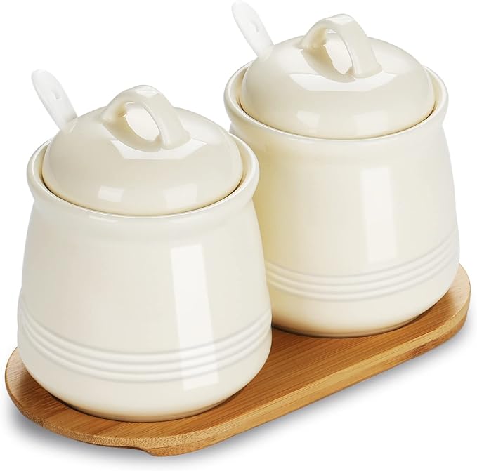HAOTOP Ceramic Sugar Bowl 2 Pack, PorcelainJar with Tray, Spoon and Lid for Sugar, Pepper, Coffee, Spice, Salt, 12 Ounces (Beige)