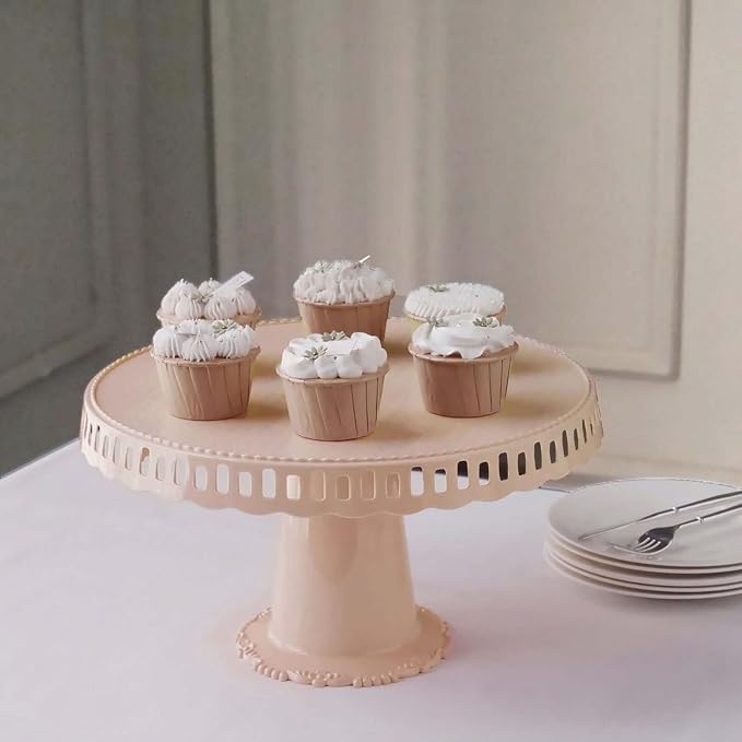Efavormart 4 Pack | 13" Blush/Rose Gold Round Pedestal Footed Reusable Plastic Cupcake Stands with Interchangeable Ribbon Trim Edge