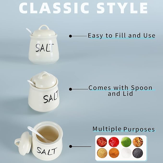 HAOTOP Salt Bowls with Lid and Spoon -12 oz Ceramic Salt Cellar, Salt Containers, Spice Box for Counter, Farmhouse Kitchen Decor, Beige