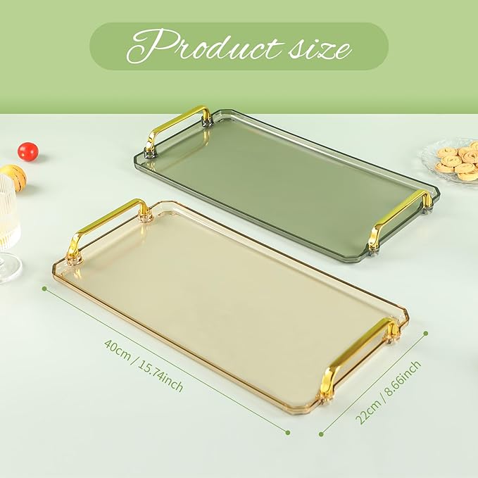 Acrylic Serving Tray with Handles - Multi-Use Plastic Tray for Party, Kitchen & Bathroom - Decorative Valet Tray for Ottoman, Dessert & Coffee Table (Amber)