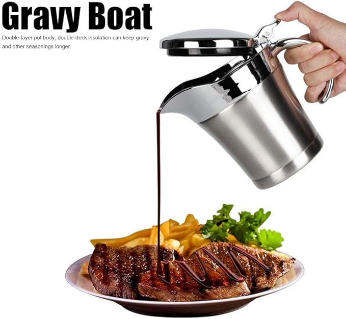 Stainless Steel Gravy Boat, Double Layer Insulation Sauce Jug with Lid, Sauce Jug for Gravy, Tomato Sauce, Mustard, Cream