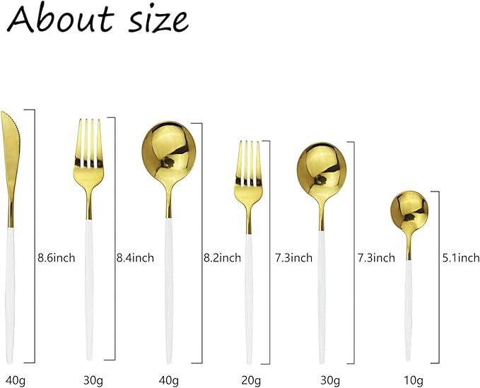 JASHII 18/10 Silver Silverware Set Stainless Steel Flatware Utensils Set Gold Cutlery Set| 24-Piece Modern Cubiertos Dorados| BEST Birthday Wedding Gift (4 sets, White Handle Gold Mirror Polish)