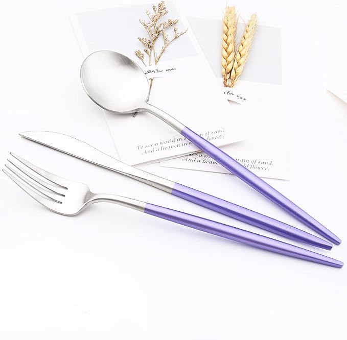 24-piece Snplowum Silver Satin Finished Serving Set, 18/10 Stainless Steel Flatware With Purple Round Hanle For Daily Use Salad Coffee Include Knife/Fork/Spoon, Service For 4 (Purple Silver)