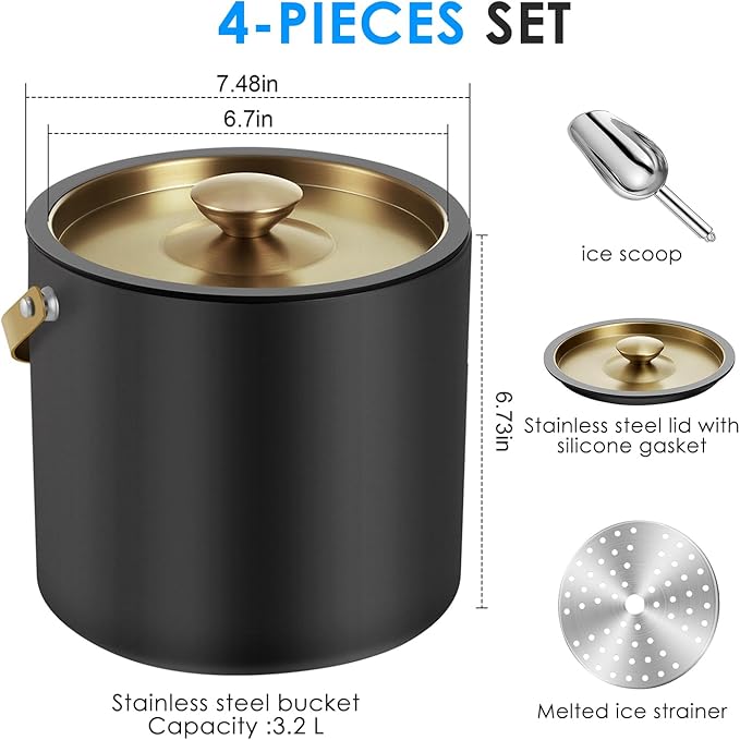 3.2L Insulated Ice Buckets for Parties, Elegant Double Wall Stainless Steel Champagne Buckets with Lid & Scoop,Ideal for Cocktail Bar, Chilling Wine, Champagne