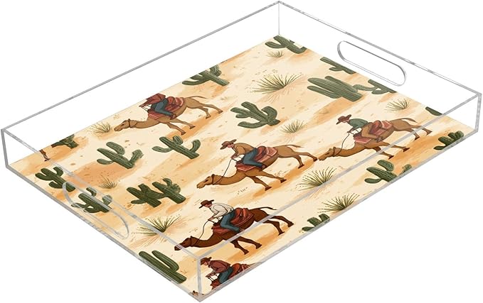 Serving Tray with Handles Clear Acrylic Tray 12x16 Inch Decorative Rectangular Tray Organizer for Ottoman Coffee Table Bathroom Cute Cowboys Camels Cacti