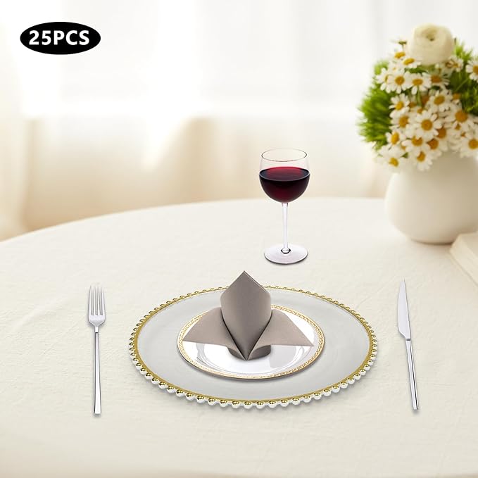 25 Pack Gold Charger Plates – Elegant Round Decorative Plates with Beaded Edge – Clear & Gold Hot-Stamped PS Platters for Weddings, Parties, Banquets – Stackable, Reusable