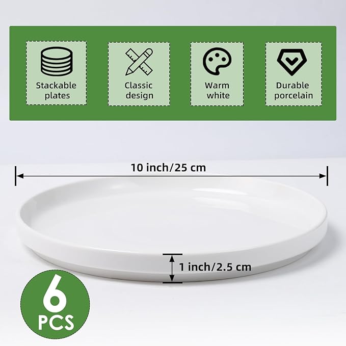 10 Inch White Dinner Plates Set of 6, Ceramic Appetizer Plates, Porcelain Dessert Plate, White Round Salad Plate for Kitchen, Restaurant, Microwave, Oven & Dishwasher Safe, Scratch Resistant