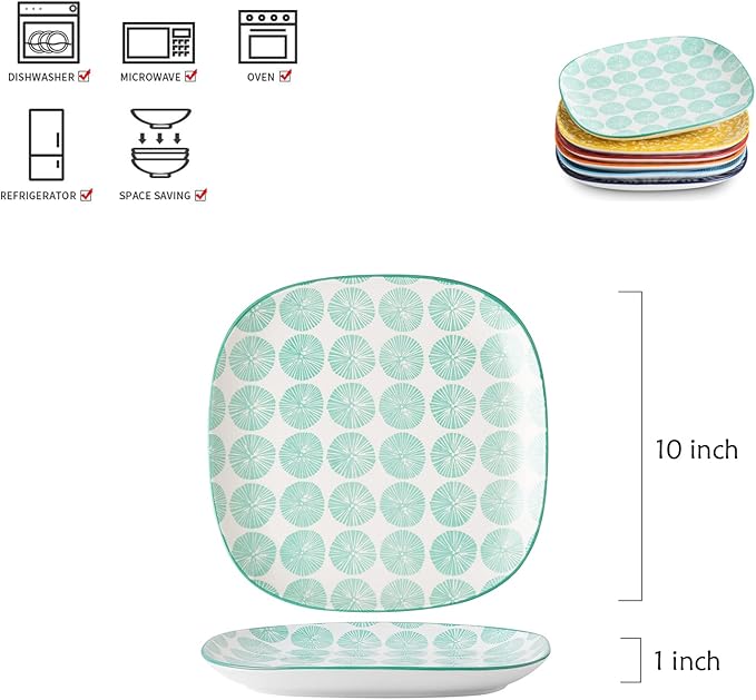 Selamica Porcelain Square Dessert Salad Pasta Steak Plates 10 inches ceramic plates set of 6 microwave/dishwasher/oven safe, Assorted Colors