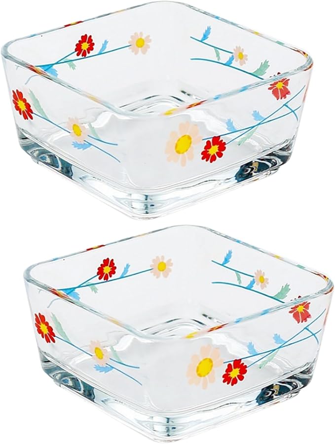 Ivymei 2 Pack Small Dessert Bowl Floral Candy Bowl Dish,Mini Square Glass Bowl for Candy Snack Yourt,Icecream,Dipping,Side Dishes,Meal prep(red)