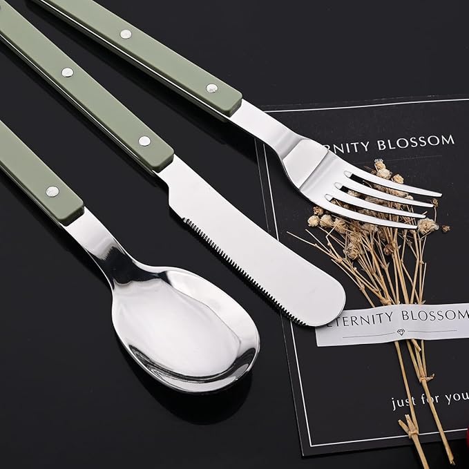 JASHII Silverware Flatware Set 20 Pieces Stainless Steel With Rivet Retro Cutlery Set Knife Fork Spoon Set Service for 4 for Home Restaurant Wedding - Green Handle