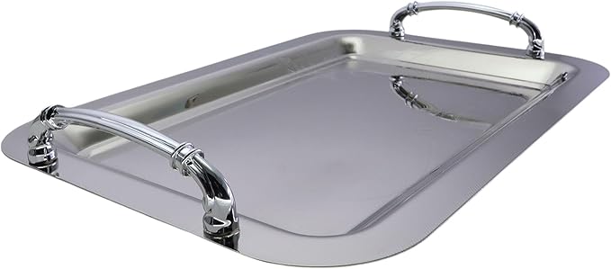 (Pack of 2) 14.2 inch x 10.2 inch Oblong Chrome Plated Mirror Silver Serving Tray with Handles Stylish Floral Engraved Decorative Party Birthday Wedding Buffet Platter Plate CC-1029