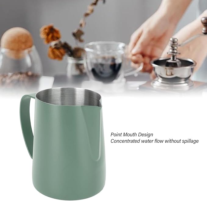 Milk Frothing Pitcher, 480ml 16oz Stainless Steel Steaming Pitcher Milk Frother Cup with Scale and Pointed Mouth for Espresso Cappuccino Latte Coffee Art, 4.4 x 3.5in (Green)