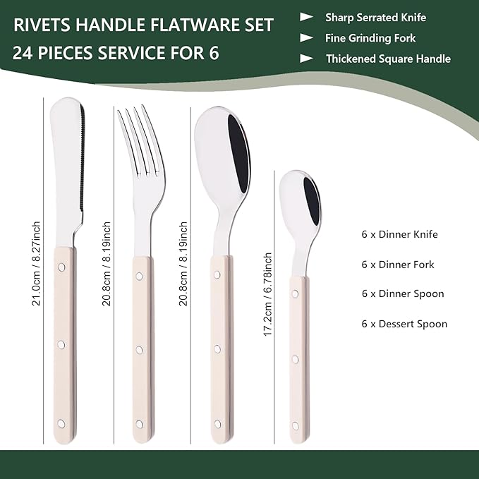 Beige Handle Silverware Set, Uniturcky 24-Piece Stainless Steel Flatware Set for 6, Tableware Eating Utensils for Daily Use and Party, Camping Cutlery Set with Color Handle