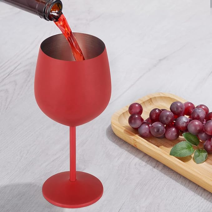 Lifecapido Stainless Steel Wine Glasses Set of 4, 18oz Stainless Steel Wine Goblets, Stemmed Metal Wine Glasses with Cup Brush for Party Office Wedding Anniversary, Great for Red White Wine (Red)