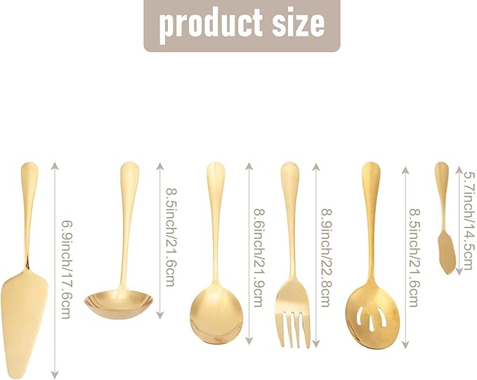 6-Piece Serving Flatware Silverware Set, Serving Utensil Set,Include Cake Server, Slotted Serving Spoon Gold