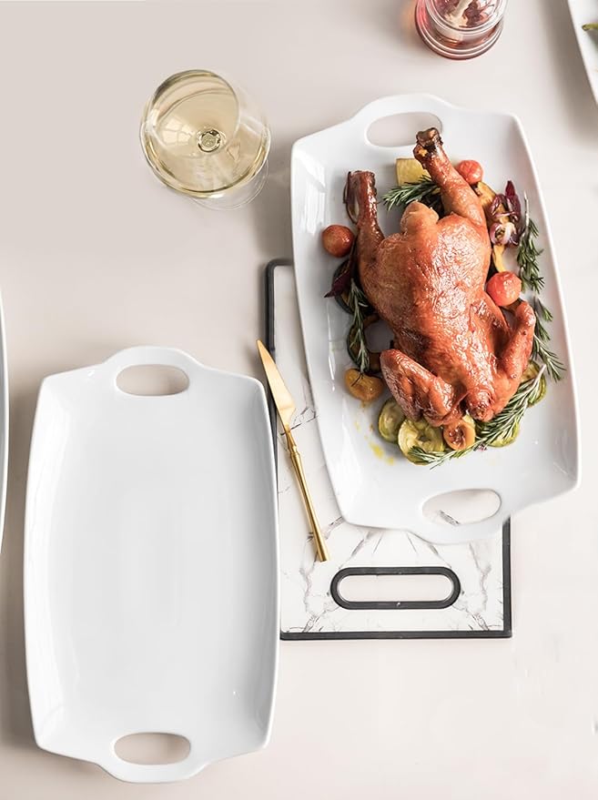 Turkey Serving Platter for Entertainment, Thanksgiving, Turkey, Serving Tray with Handles Large, Party, Display, LYEOBOH 16 inch Rectangle Porcelain Platters Set of 2, White