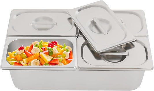 4 Pans Ice Food Serving Display Container, Stainless Steel Serving Tray Catering Supplies Buffet Display Condiment Dispenser Plate Case with Acrylic Replaceable Lids for Restaurant Hotel Kitchen