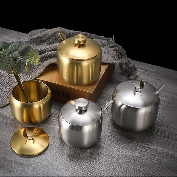 304 Stainless Steel Sugar Bowl with Lid and Spoon Salt Pepper Spices Bowl Spice Jar Seasoning Pot Condiment Container for Home Kitchen 14.5oz/430ml (Gold 1, 1PCS)