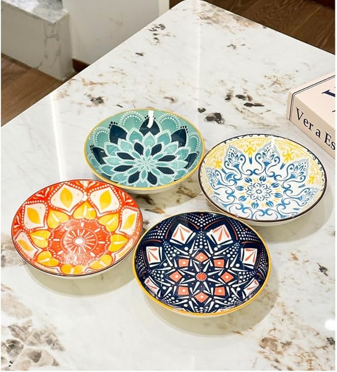 Set of 4 10 OZ Colorful Ceramic Dessert Bowls Bohemian 6 inch Serving Dishes Cute Shallow Bowls for Appetizer,Side Dishes,Sushi,Salad,Snack,Icecream,Fruit,Microwave Dishwasher Safe