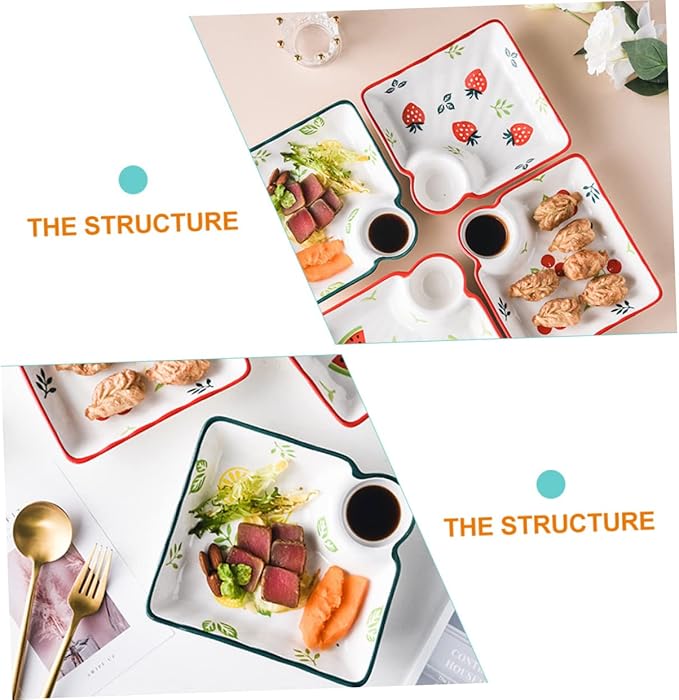 ABOOFAN Japanese Ceramic Divided Dumpling Dish Sauce Holder Hand-Painted Square Plate for Fruits and Dipping Multi-Use Serving Tray for Entertaining and Everyday Meals Random Style