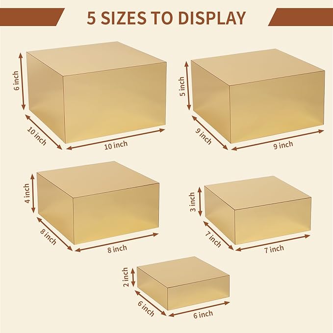 5 Pcs Acrylic Gold Risers Display Stands, Mirrored Food Risers for Buffet Table, Nesting Acrylic Cube Boxes for Jewelry Purse Perfume, Gold Cake Stand for Dessert Display Catering Supplies