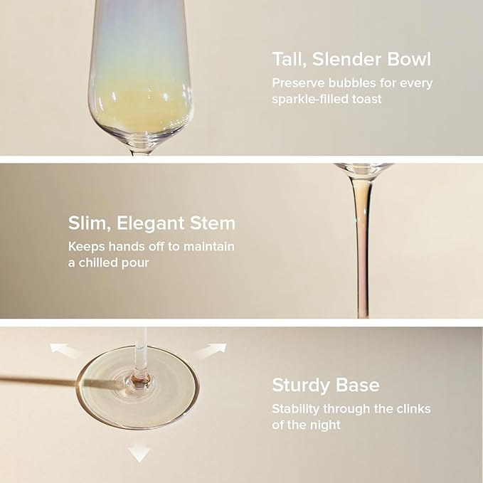 mopio Enchant Champagne Glass Flutes Set of 4, 10.5 oz, Stylish and Elegant Barware for Wedding, Party and Brunch, Colorful Drinkware Gifts in Eco-Friendly Packaging, Soda-Lime Glass (Iridescent)