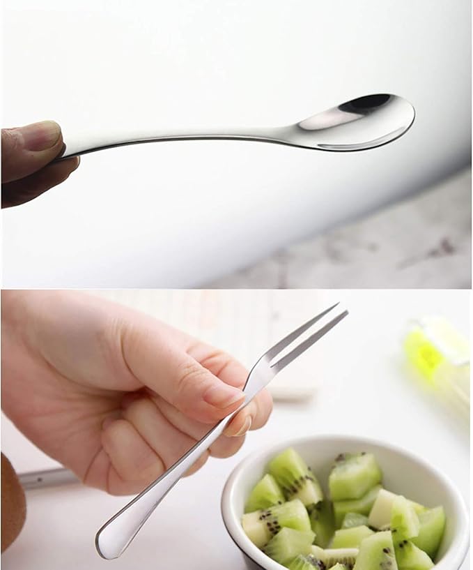 VANRA 5in 4-Piece Flatware Set - Silver Stainless Steel - 2 Forks and 2 Spoons - Salad, Teaspoon, Cocktail, Coffee, Serving, Appetizer