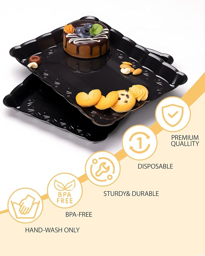 BESTVIP 12 Pack Black Plastic Serving Trays - 9x13 Rectangle Flower - Edged Cookie Platters for Halloween, Events, Weddings, Daily Meals, Parties, Snacking, Crafting & Pet Feeding