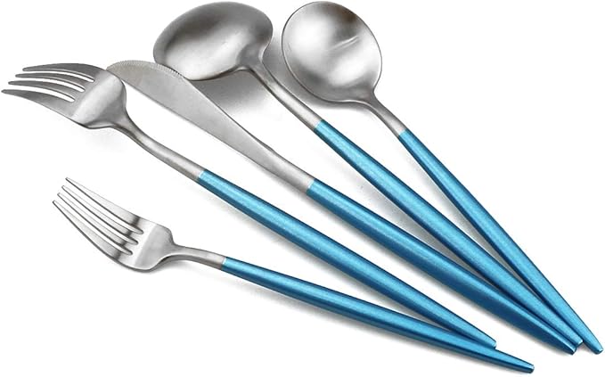Gugrida Luxury Flatware, Royal 5 Piece Matte Blue Handle 18/10 Stainless Steel Tableware Sets for 1 Including Forks Spoons Knives, Camping Silverware Travel Utensils Set Cutlery (Blue Silver)