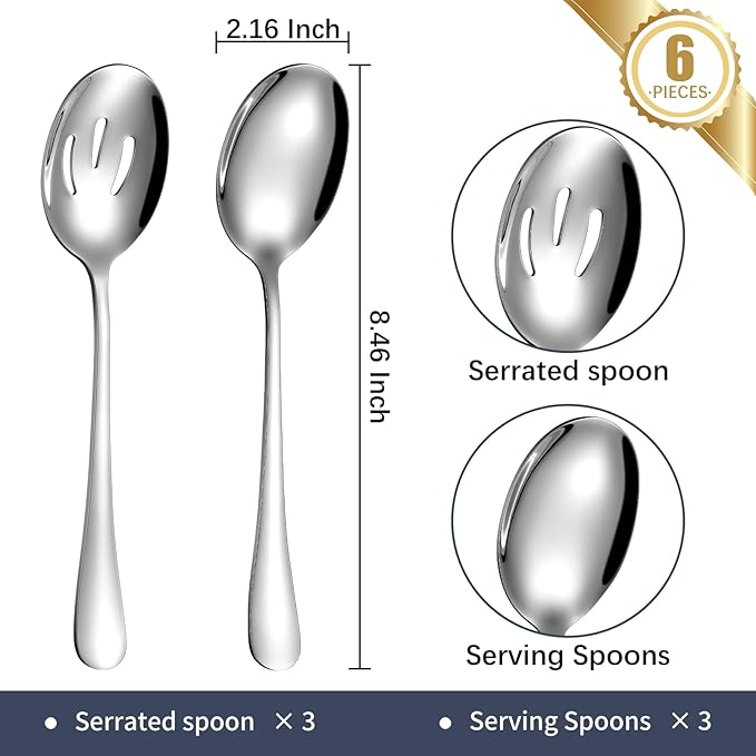 6-Piece Stainless Steel Serving Spoon Set, Mirror Polished Buffet Utensils with 3 Regular and 3 Slotted Spoons for Kitchen, Home (3 Spoons+3 Slotted Spoons)