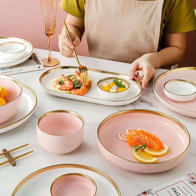 Porcelain Dinnerware Sets Plates and Bowls Sets 30 Pieces Porcelain Dinnerware Set, Nordic Style Tableware Set, Pink and White Dish with Phnom Penh, Dishwasher Safe