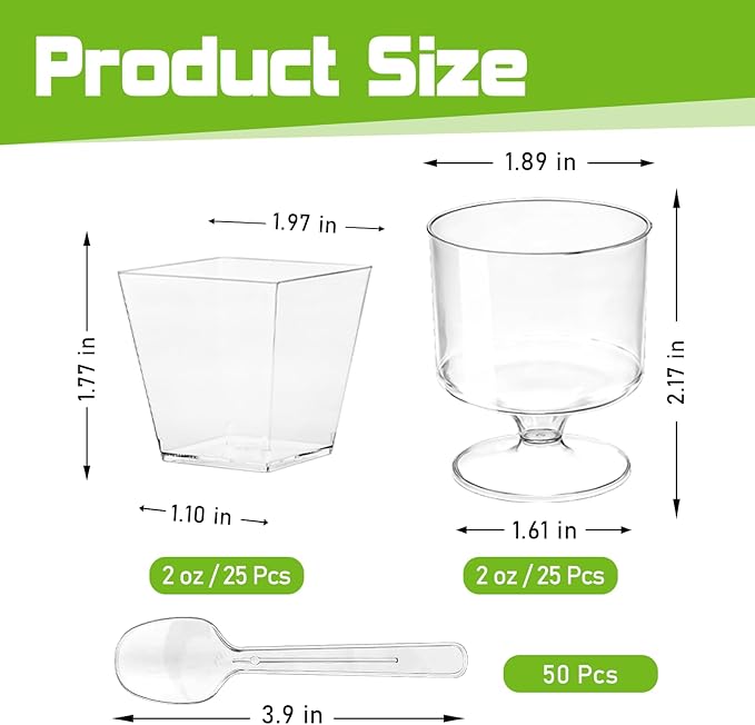 100 Pack 2 oz Mini Plastic Dessert Cups with Spoons, Disposable Clear Goblet Pudding Parfait Jello Shooter Cups Party Serving Bowls, Small Square Tasting Cups for Fruit Trifle Ice Cream Yogurt